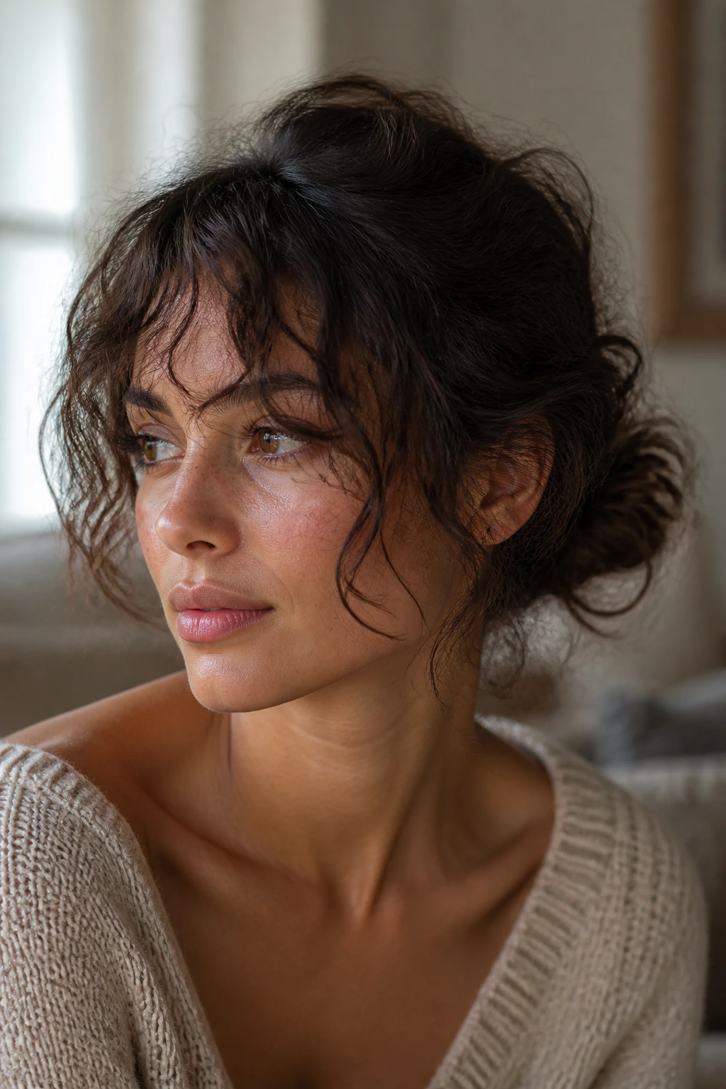 Close-up of a real woman with bangs-out bun and fringe framing the face
