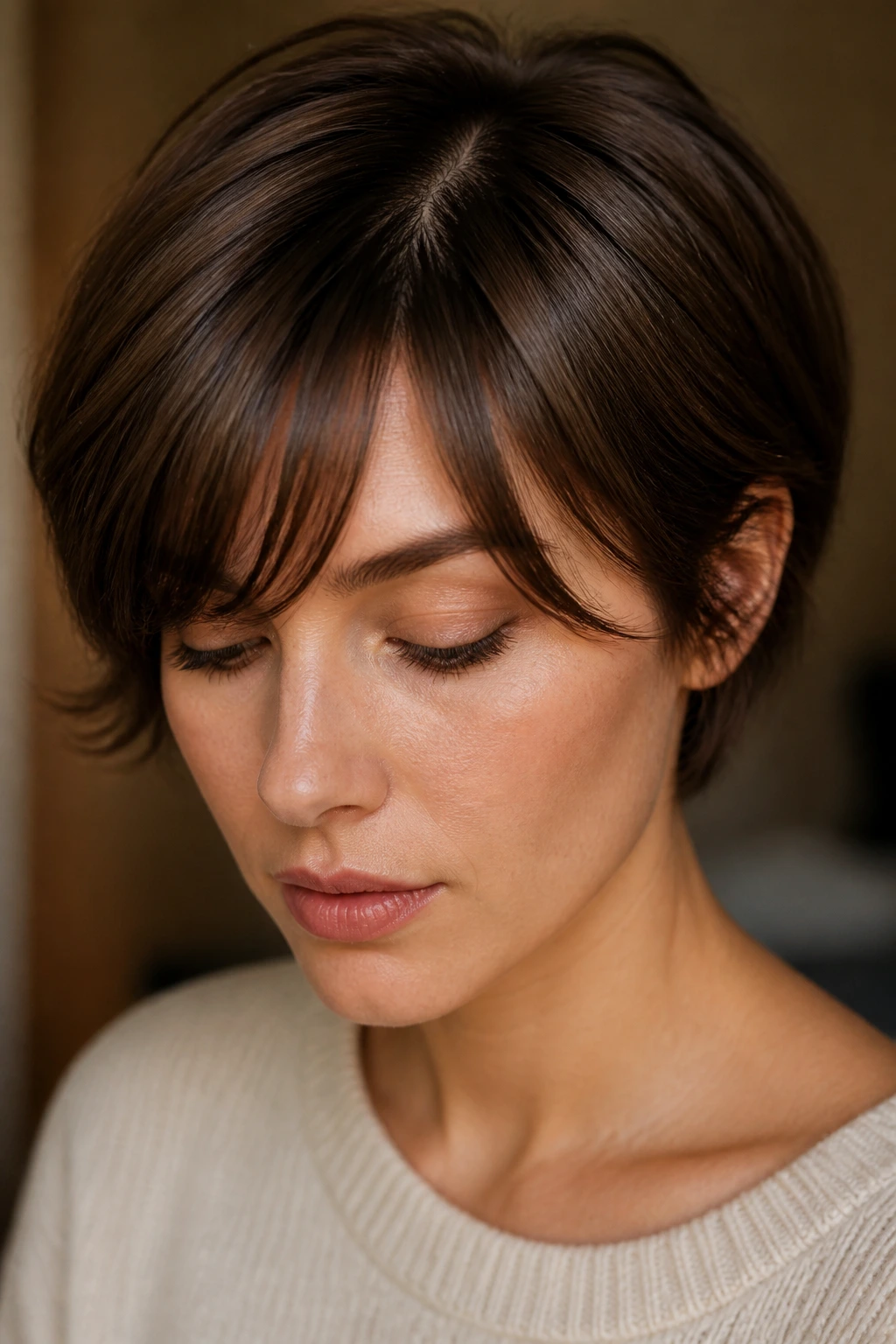 Close-up of a woman showing a slight parting and texture change in her swoopy bangs