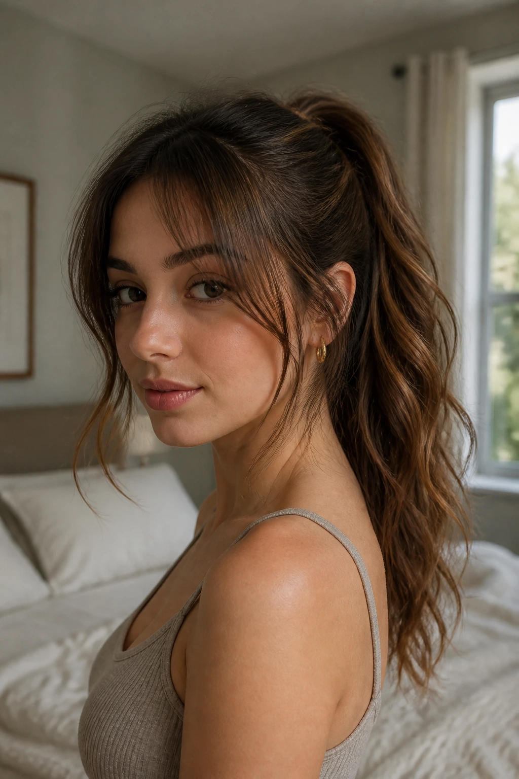 Real woman with bangs styled with a ponytail and soft waves