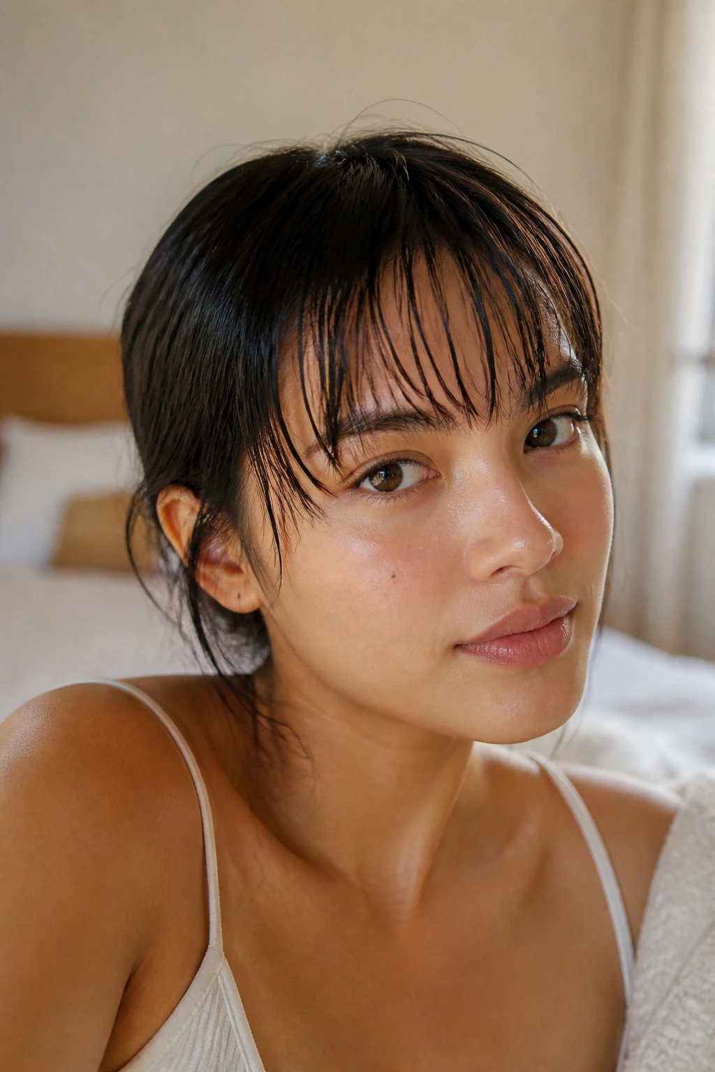 Portrait close-up of a woman with flat-lying bangs in soft window light