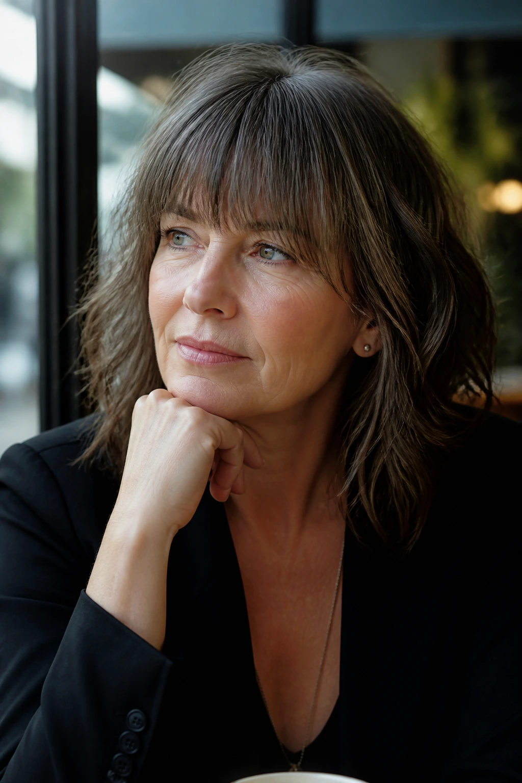 Close-up portrait of a real woman with bangs in a cafe window light