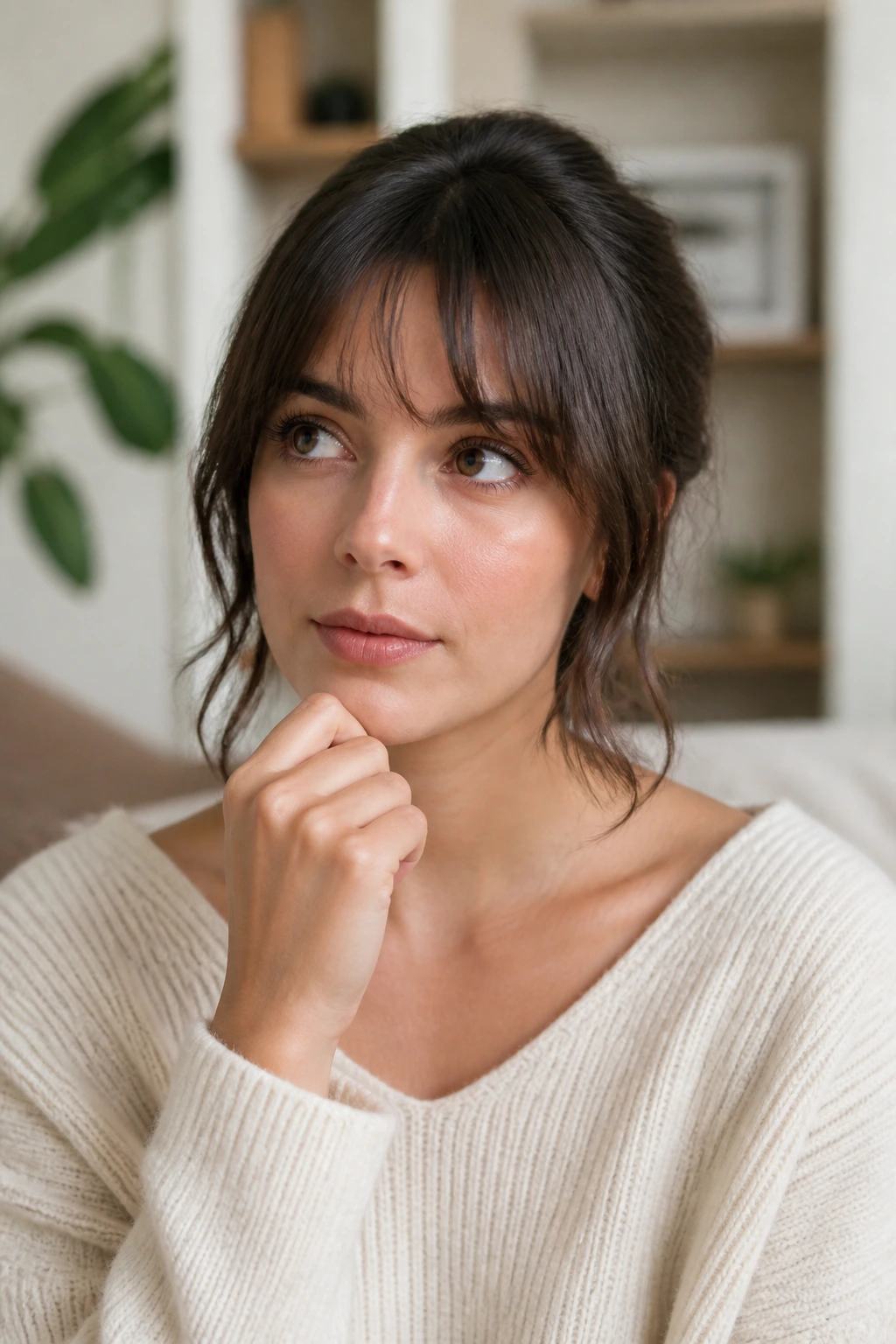 Thinking woman considering bangs questions in a cozy room.