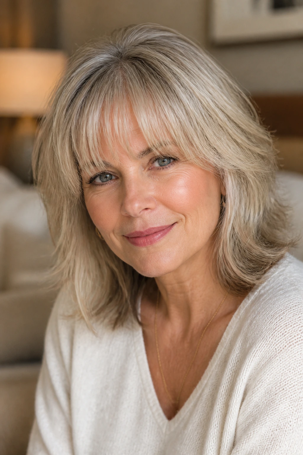 Close-up portrait of a real woman with a soft balanced fringe in warm light