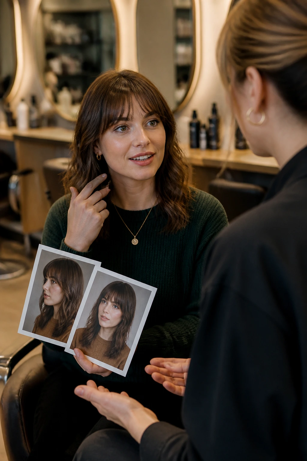 Client discussing bangs with stylist in a salon