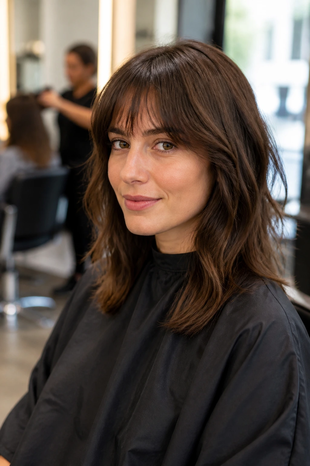 Real person in salon chair showing bangs ready for consultation