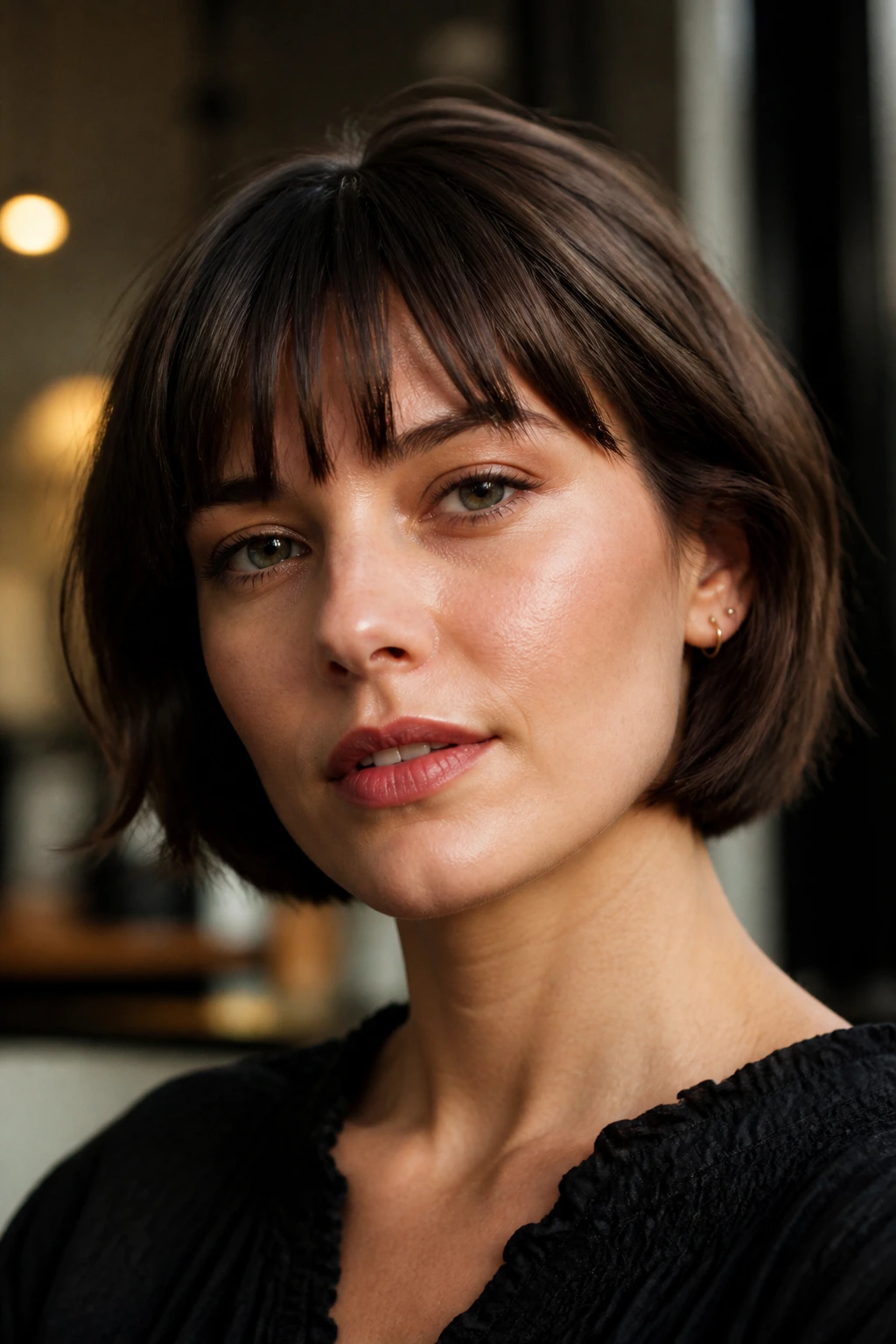 Portrait of a real woman with a flattering bangs shape framing her eyes
