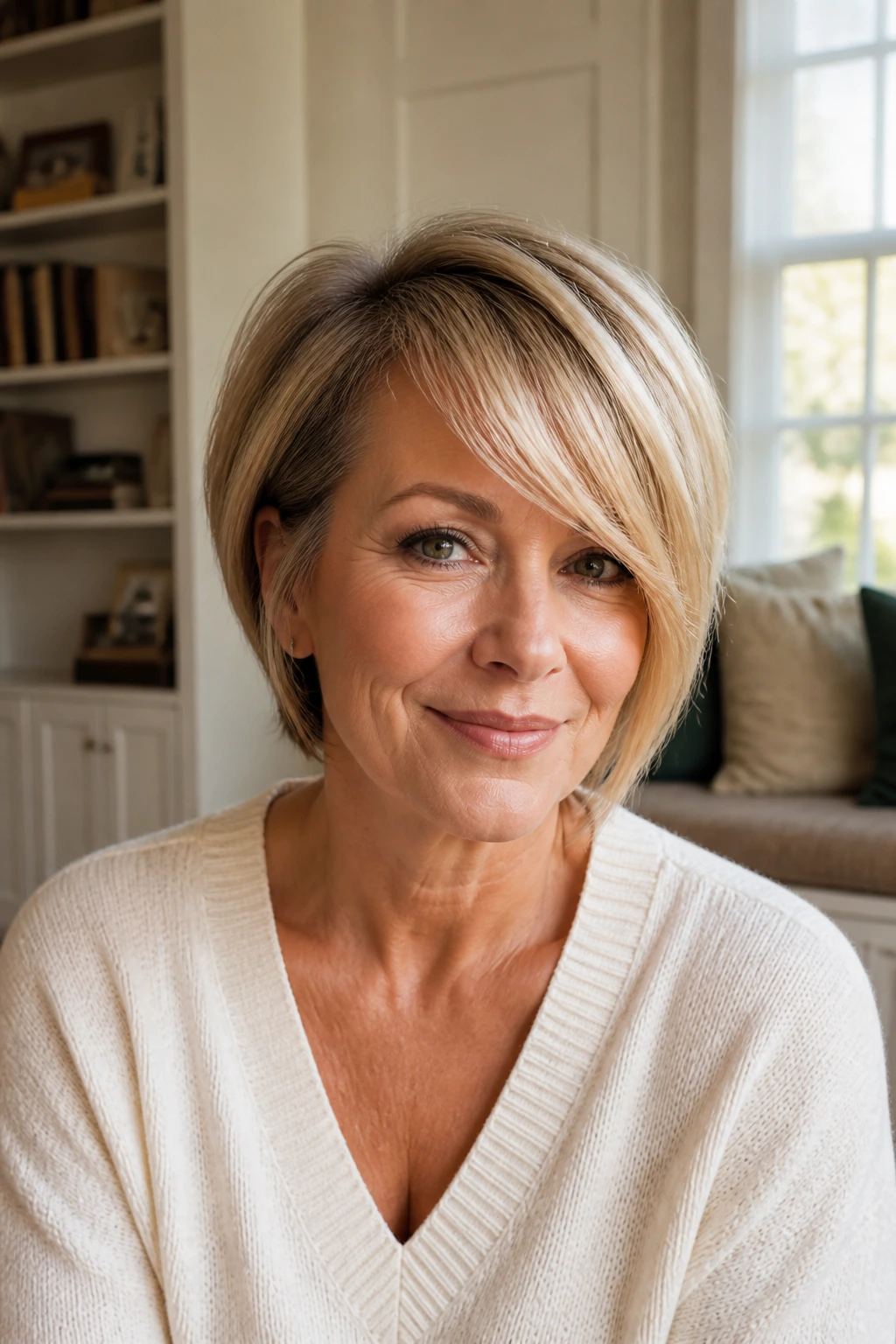 Portrait of a real woman with side-swept bangs creating lift and arch