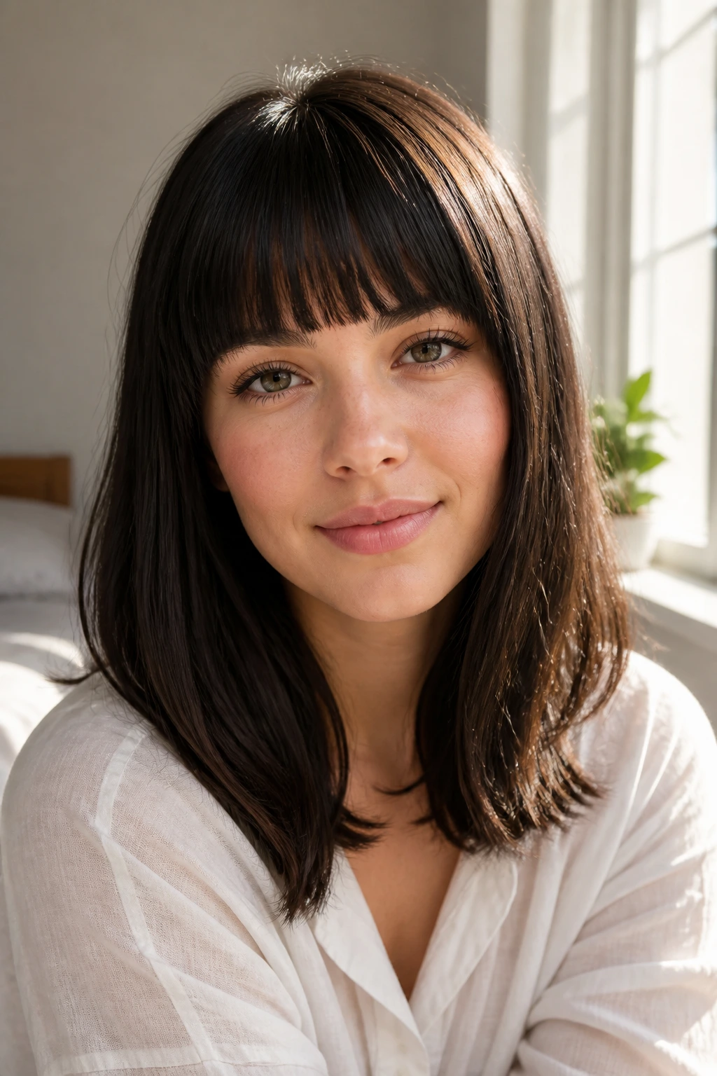 Close-up portrait of a real woman wearing straight-across bangs at brow level, balancing a square face