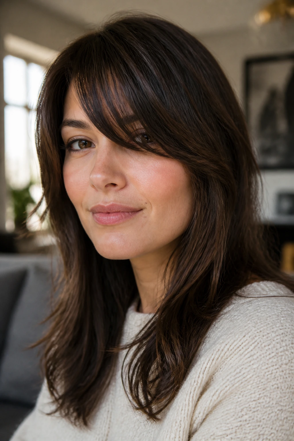 Close-up portrait of a real woman wearing sweeping bangs that soften a square face
