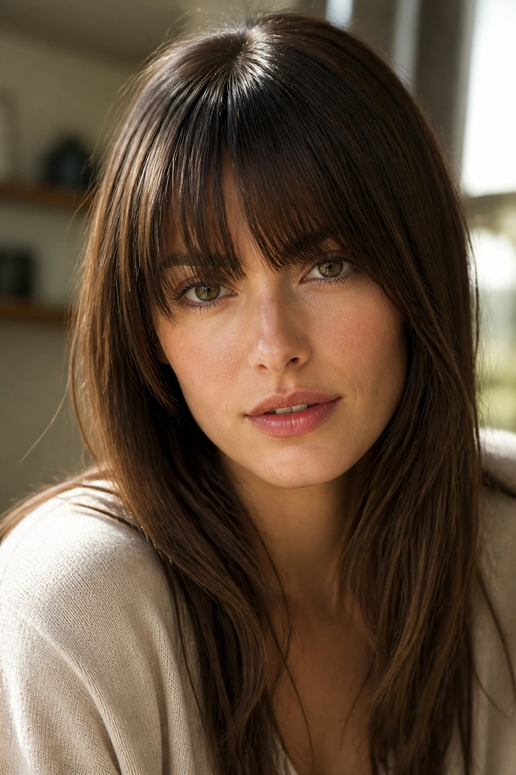 Close-up of a real person with bangs showing how straight hair reveals bang shape