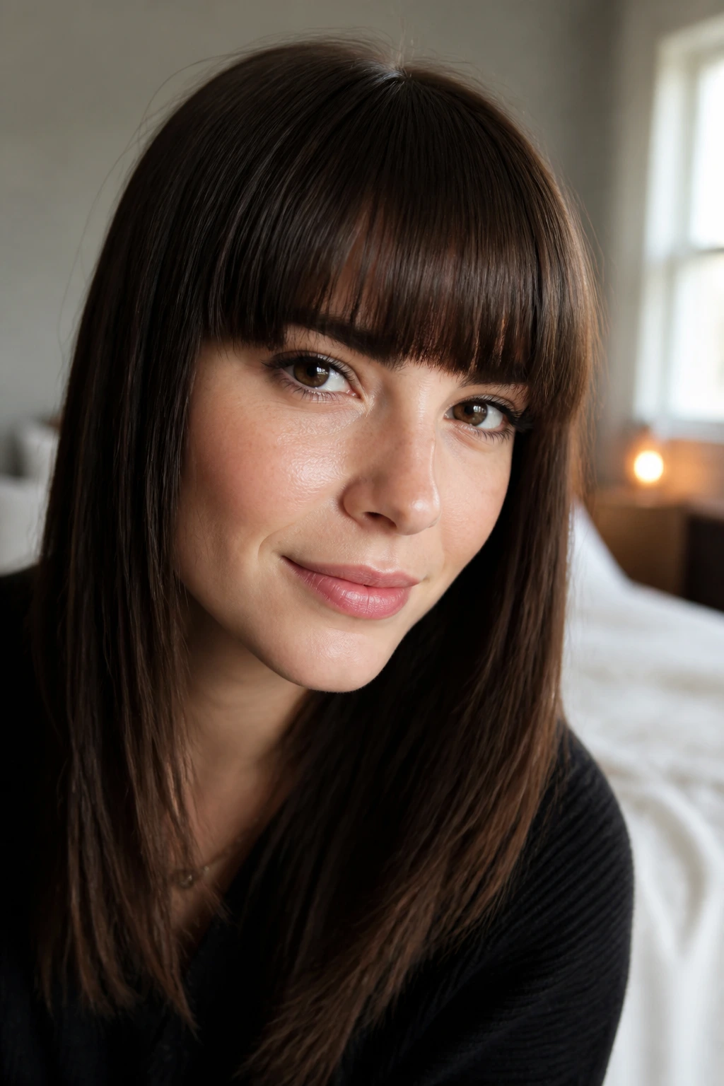 Close-up of a real person with straight hair and a neat fringe