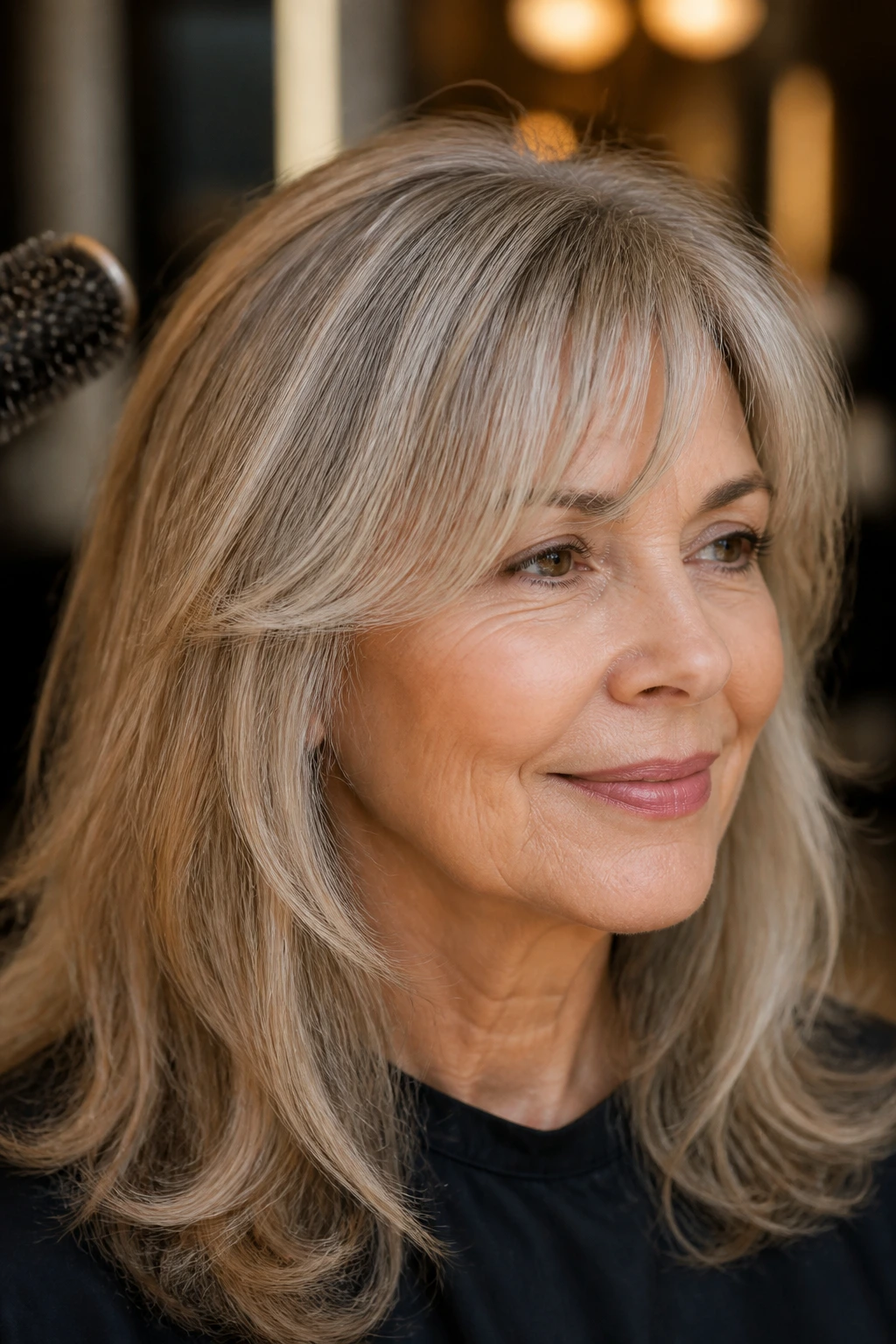 Woman with feathered bangs styled with a gentle bend in warm light