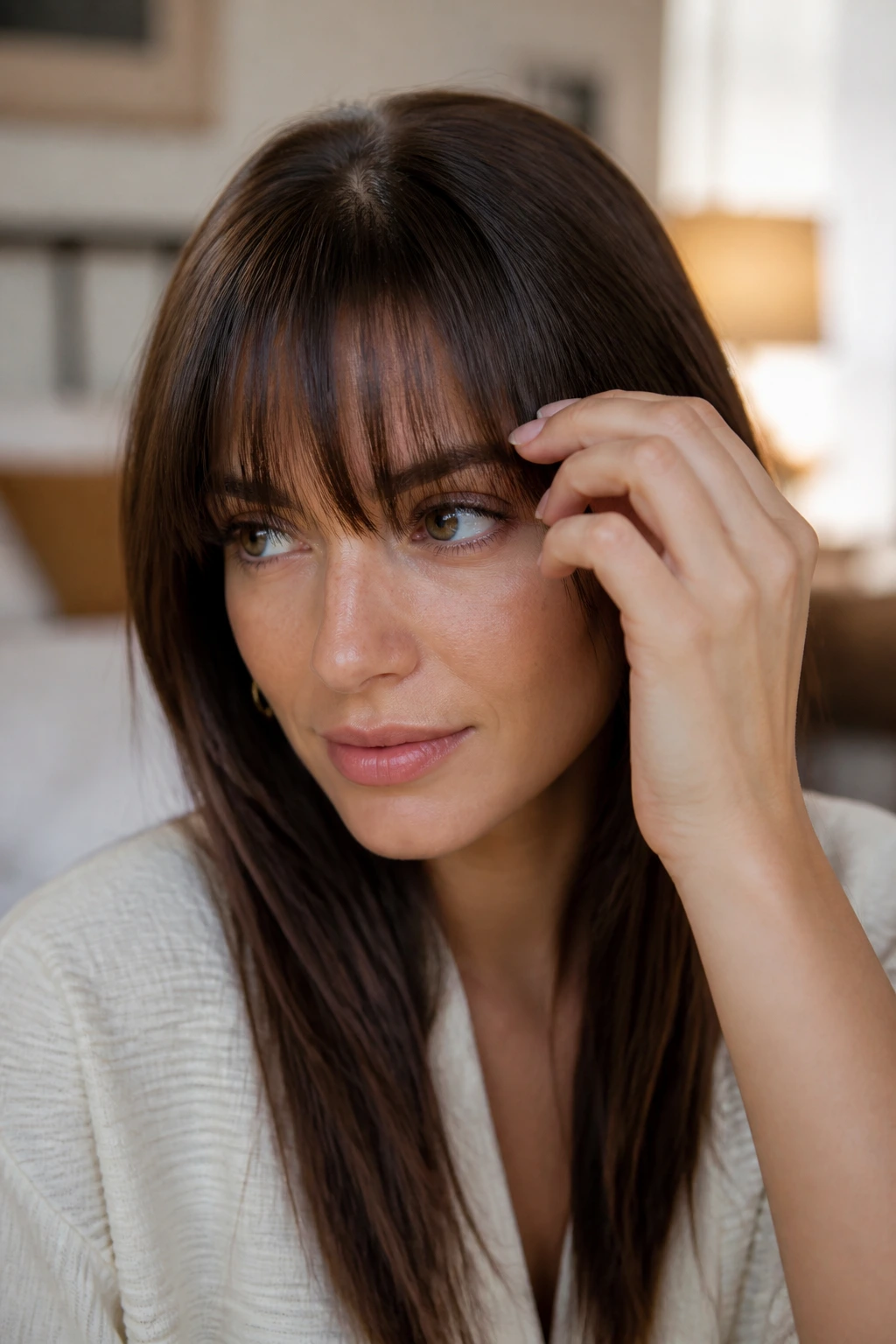 Close-up of a real woman adjusting her bangs with fingers in a cozy room