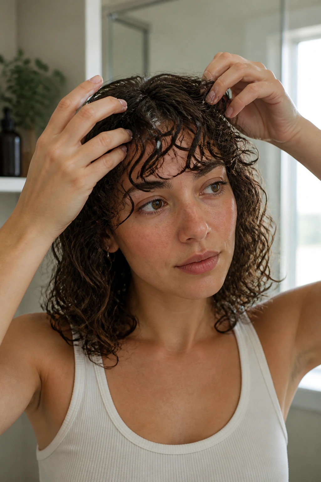 Close-up of a real person styling their bangs with product in a bathroom.