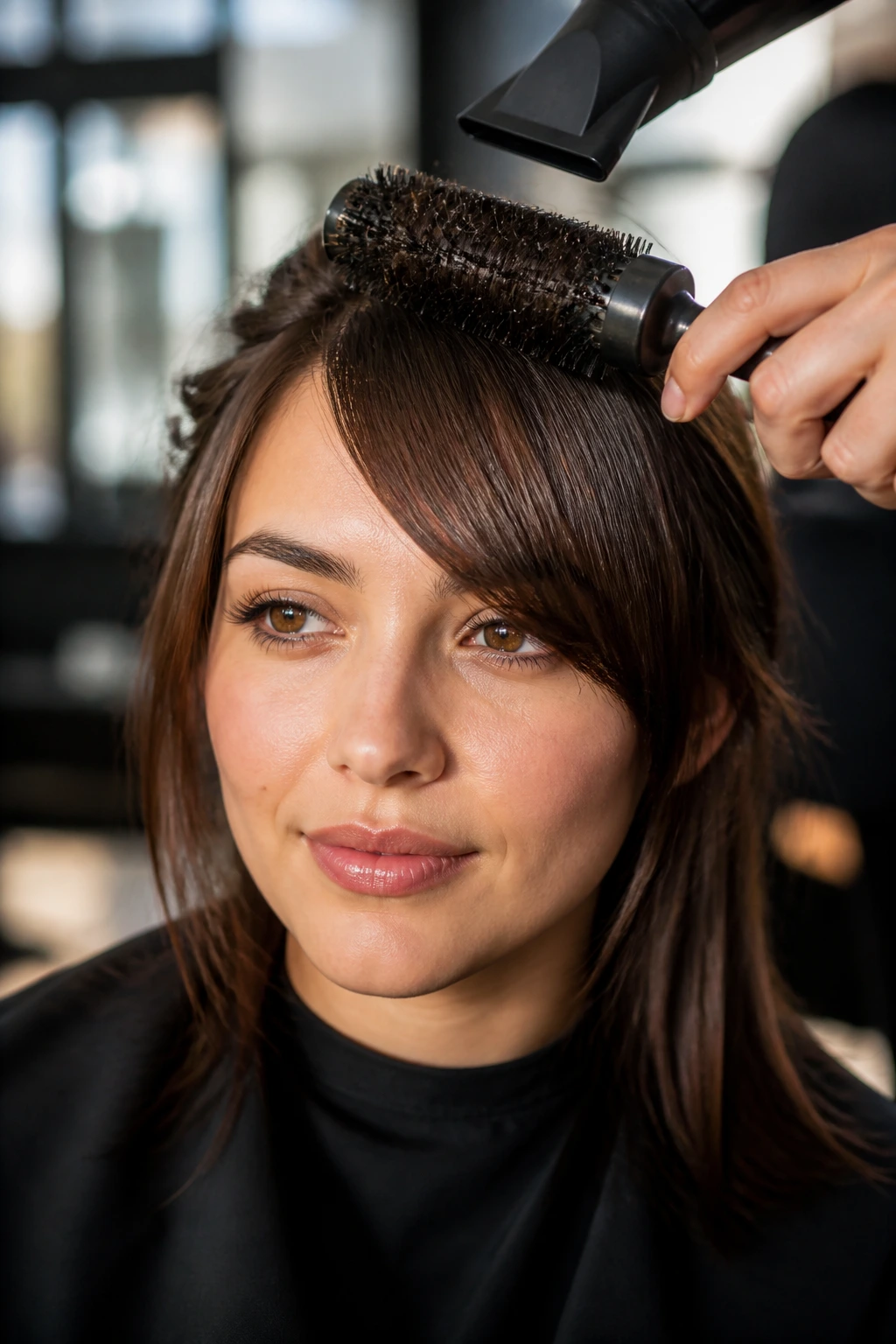Portrait of a real woman with bangs being styled in a salon