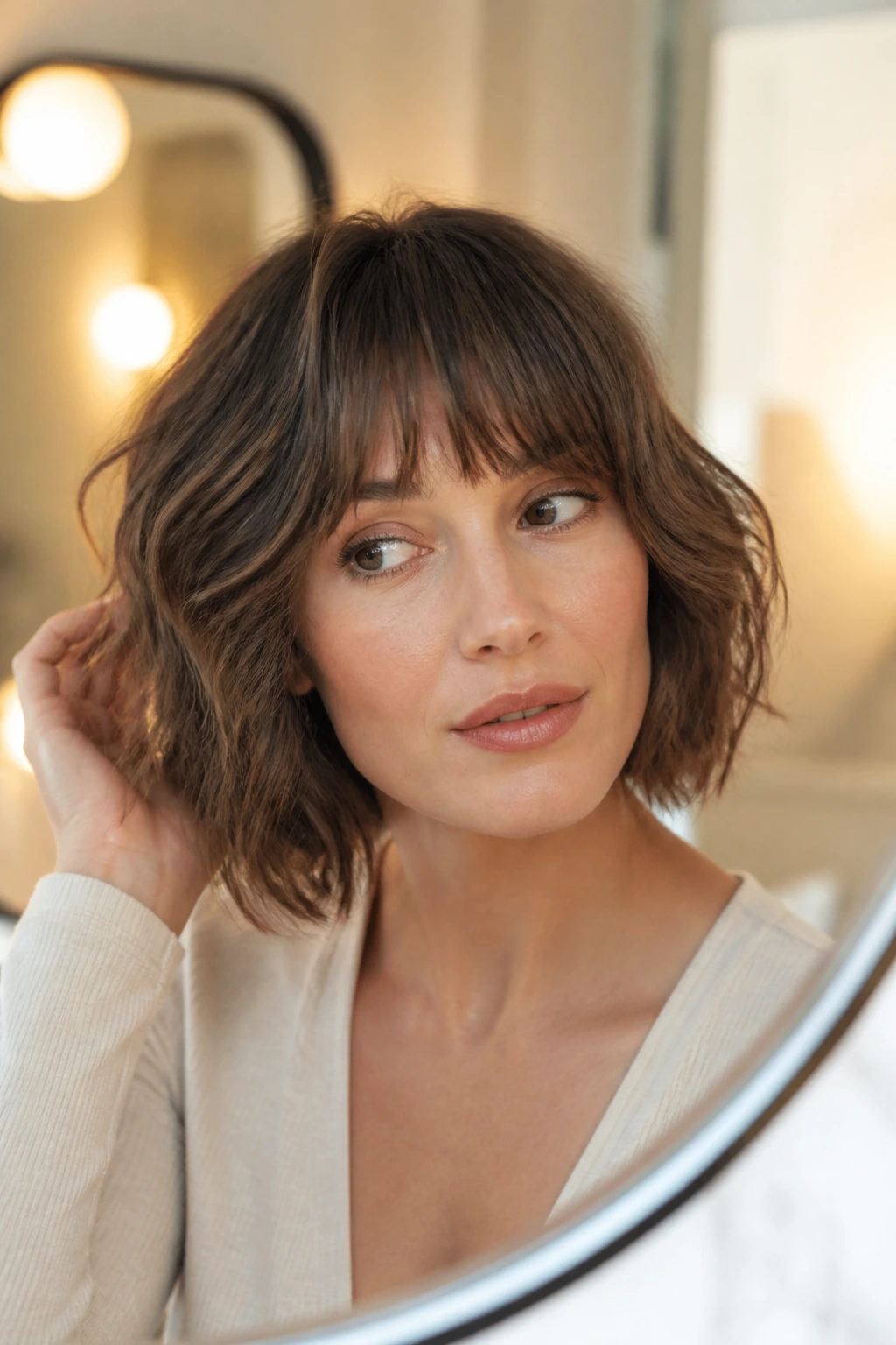 Portrait of a real woman with a styled shaggy bob and bangs in warm ambient light