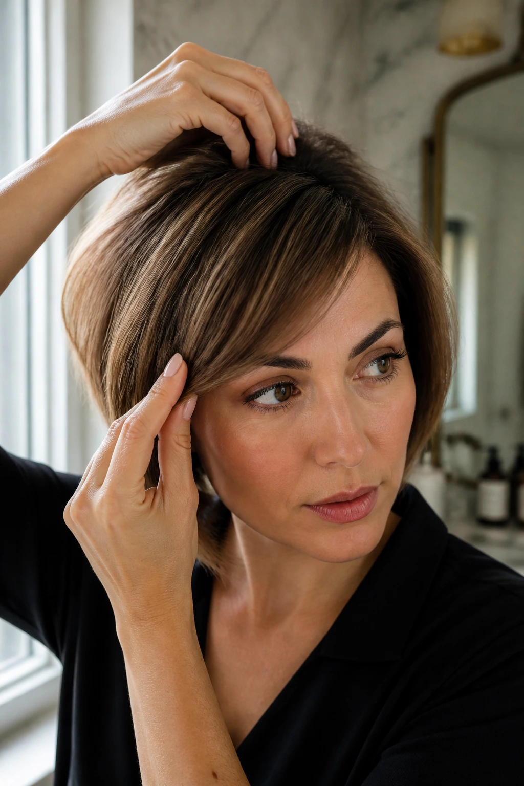 Close-up of bangs being styled with a slight crown lift on a real person