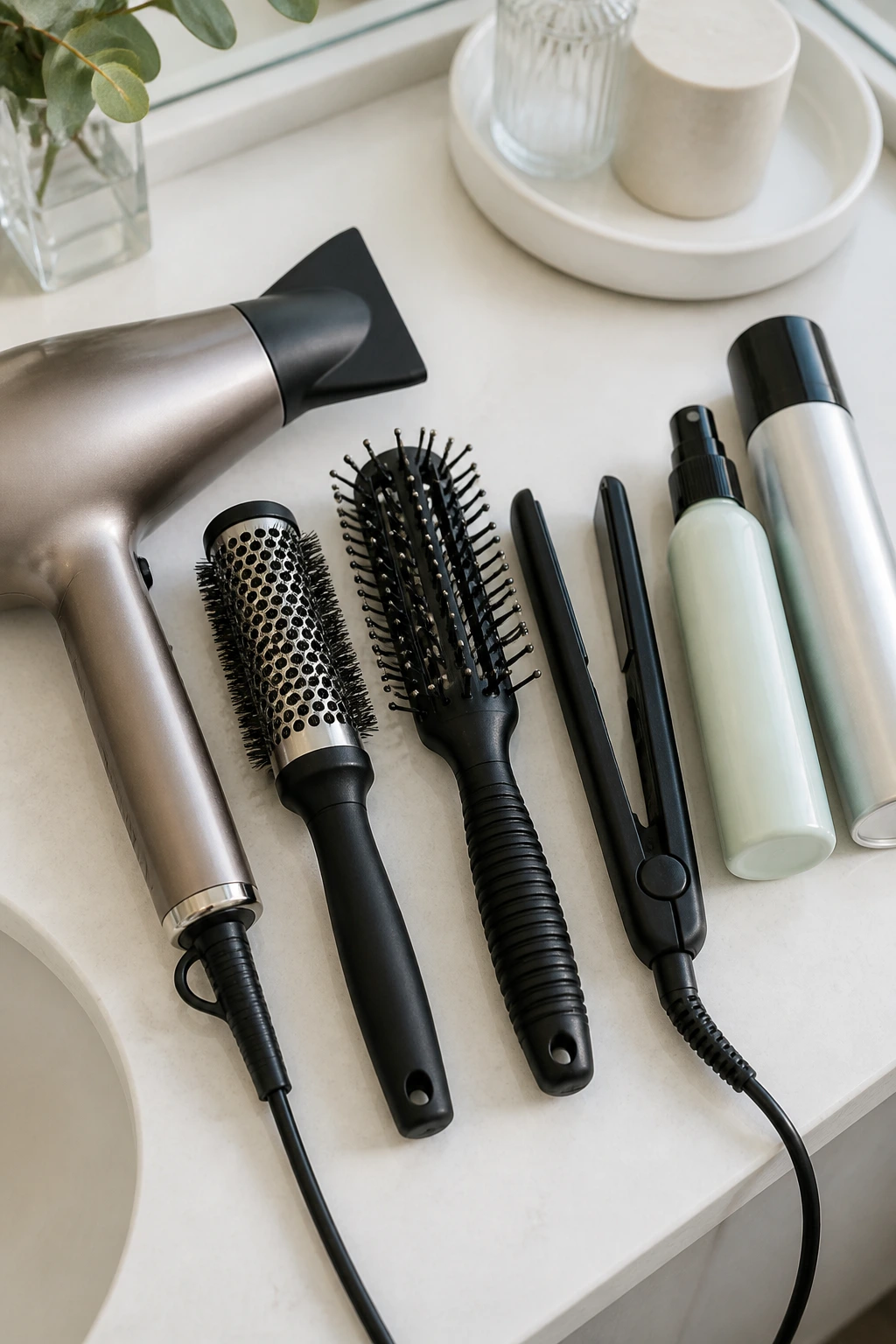 Top-down view of essential bangs styling tools on a bathroom counter