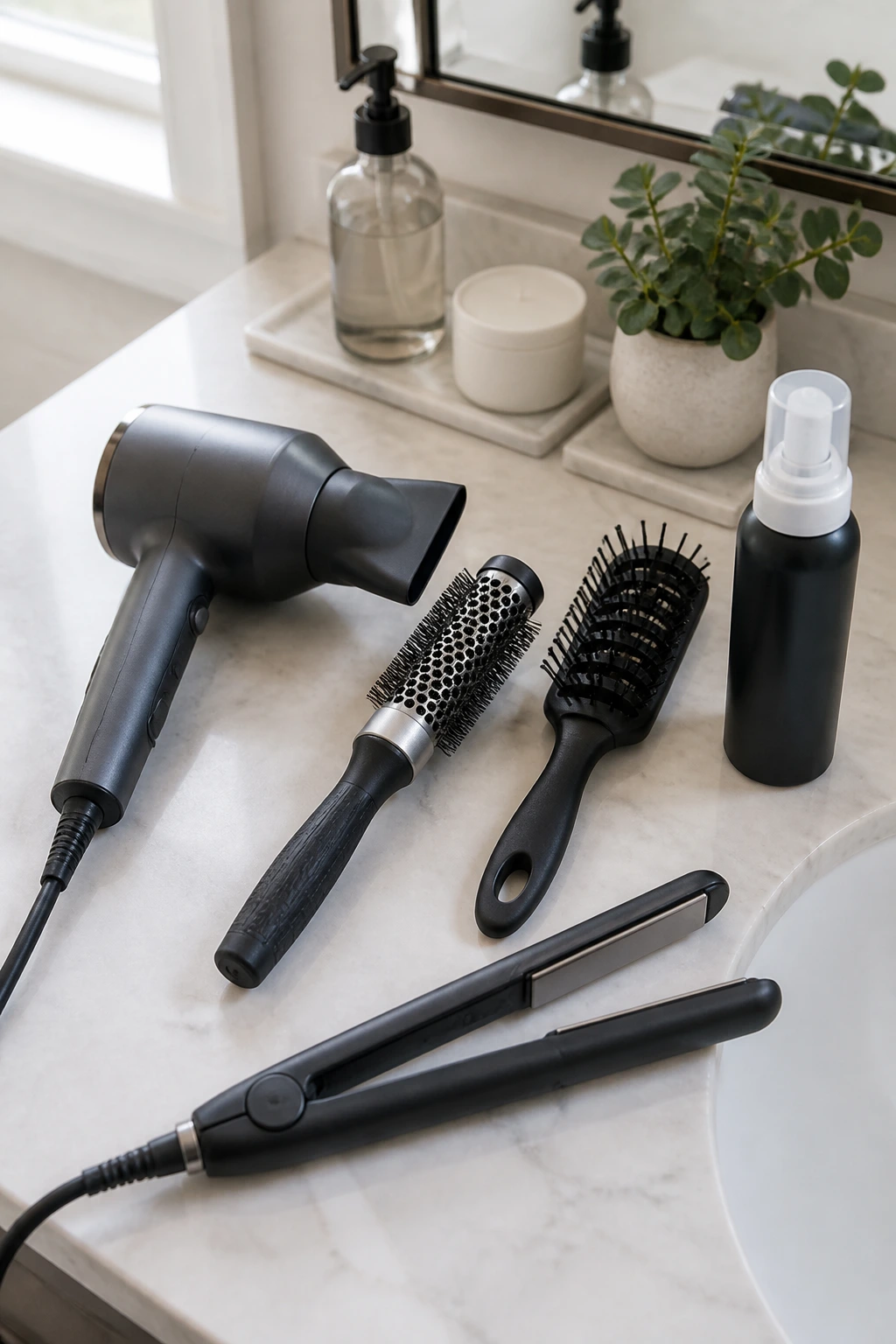 A vanity with small styling tools for bangs arranged neatly on a counter