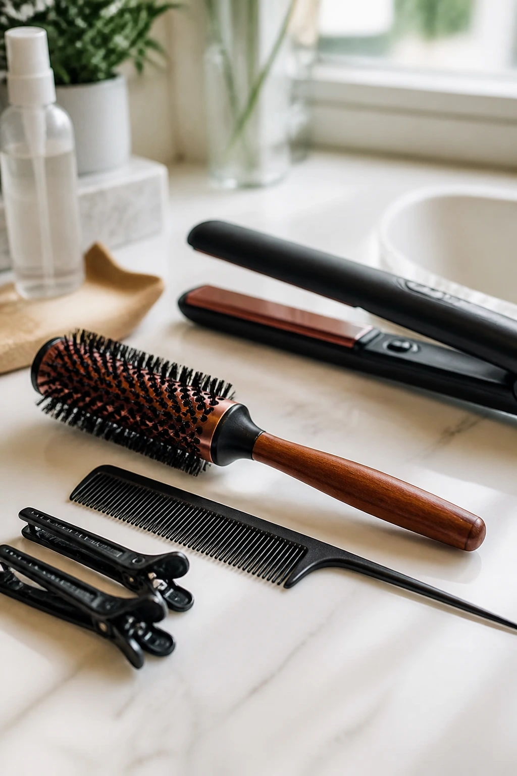 Close-up of bangs styling tools arranged on a bathroom vanity