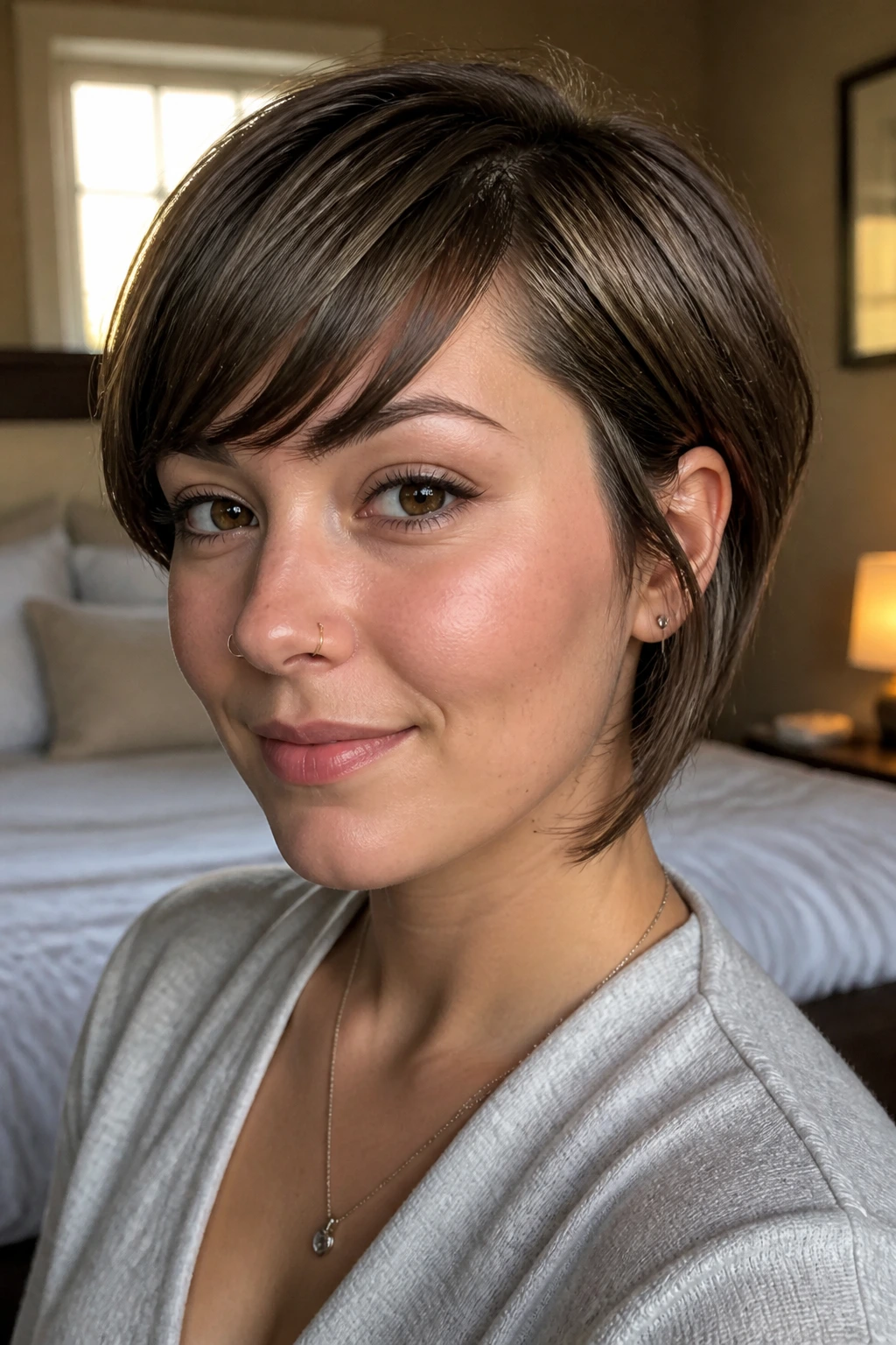 Close-up portrait of a real person with short swoopy bangs