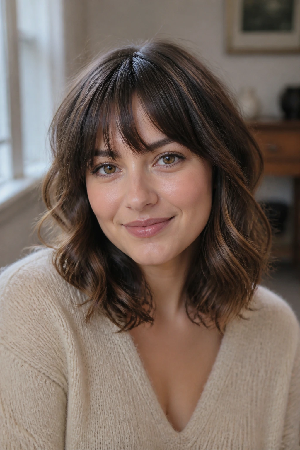 Portrait of a woman with textured lob and bangs for a round face