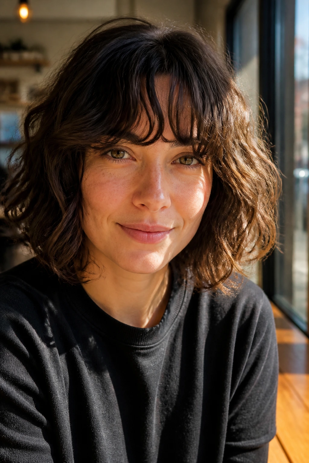 Close-up portrait of a real person with brow-length curtain bangs on thick wavy hair