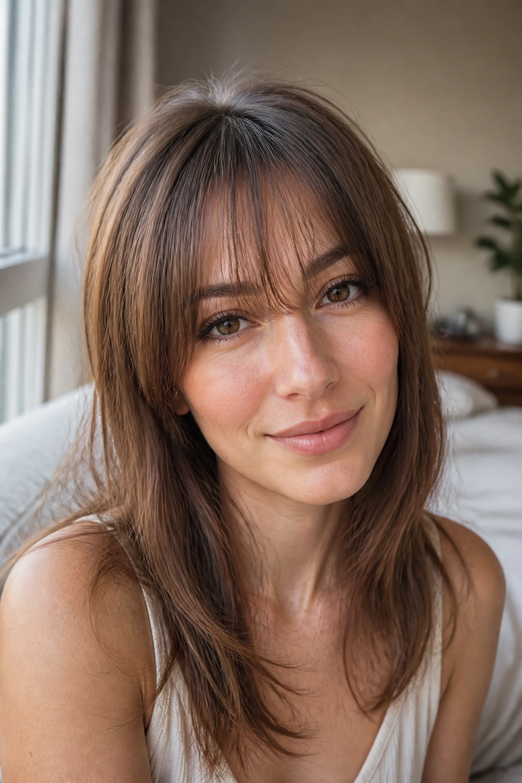 Close-up portrait of a real woman with thin-hair bangs showing movement and feathered ends under natural window light