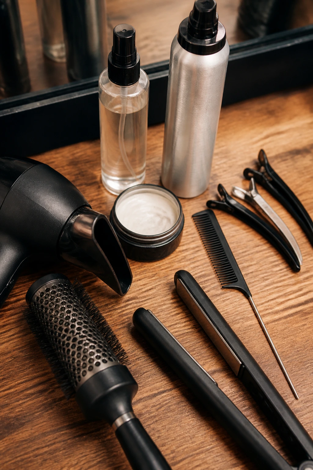 Top-down close-up of bangs-styling tools on a salon counter.