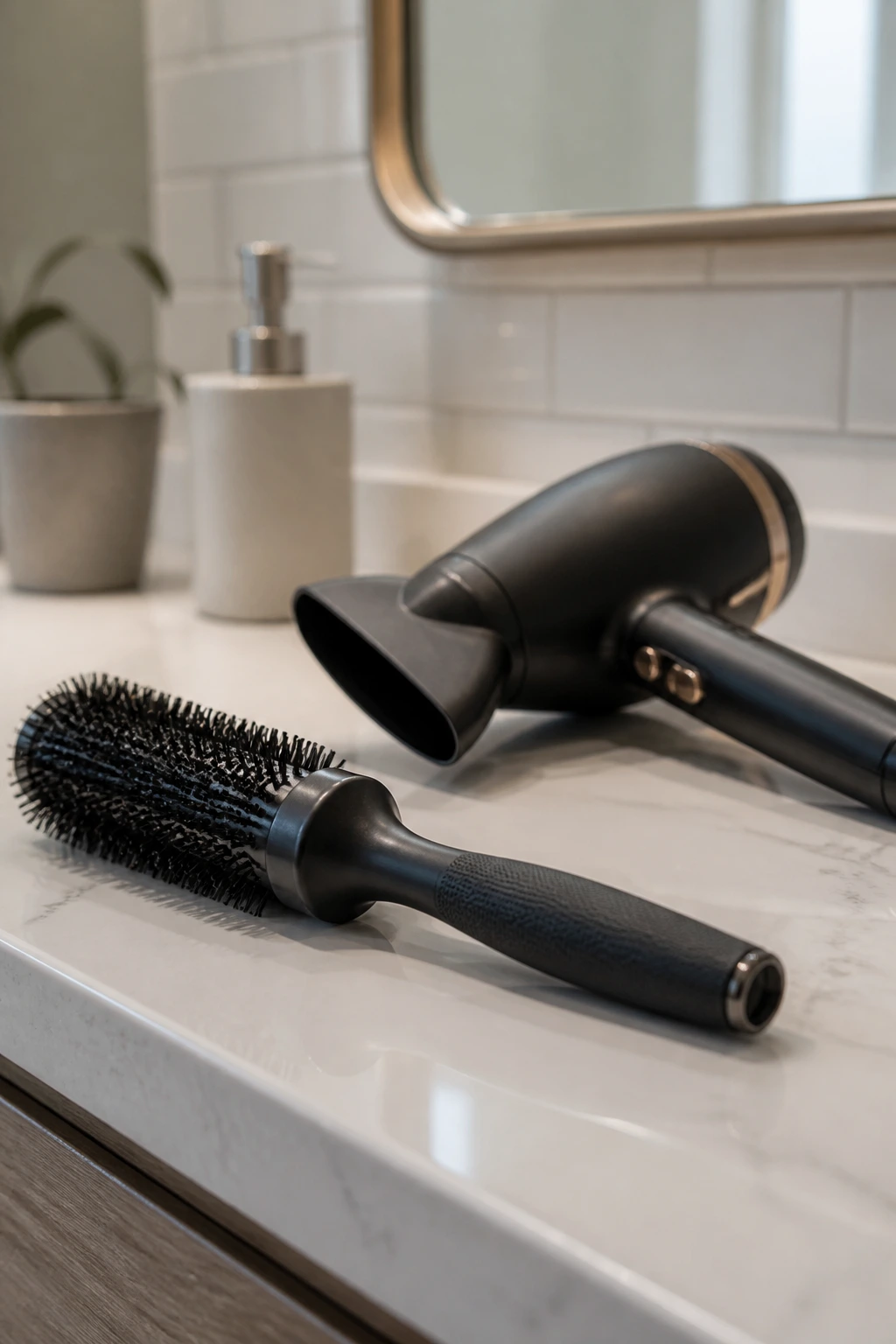 Close-up of bangs styling tools on a bathroom counter