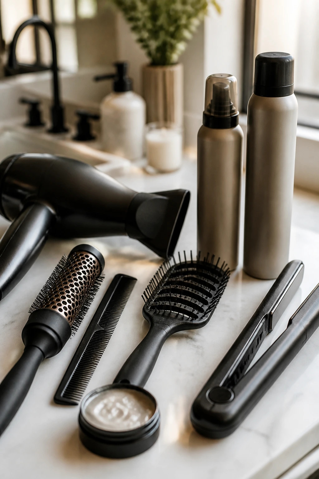 Close-up of essential bangs styling tools on a bathroom counter