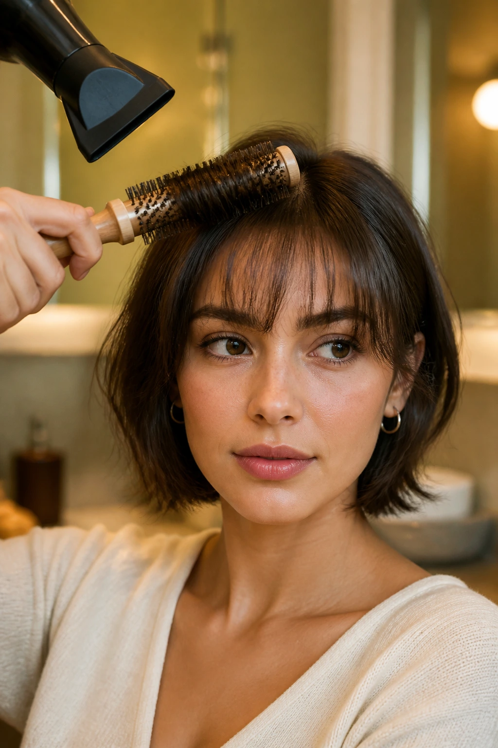 Portrait of a person styling bangs with a round brush in a warm bathroom