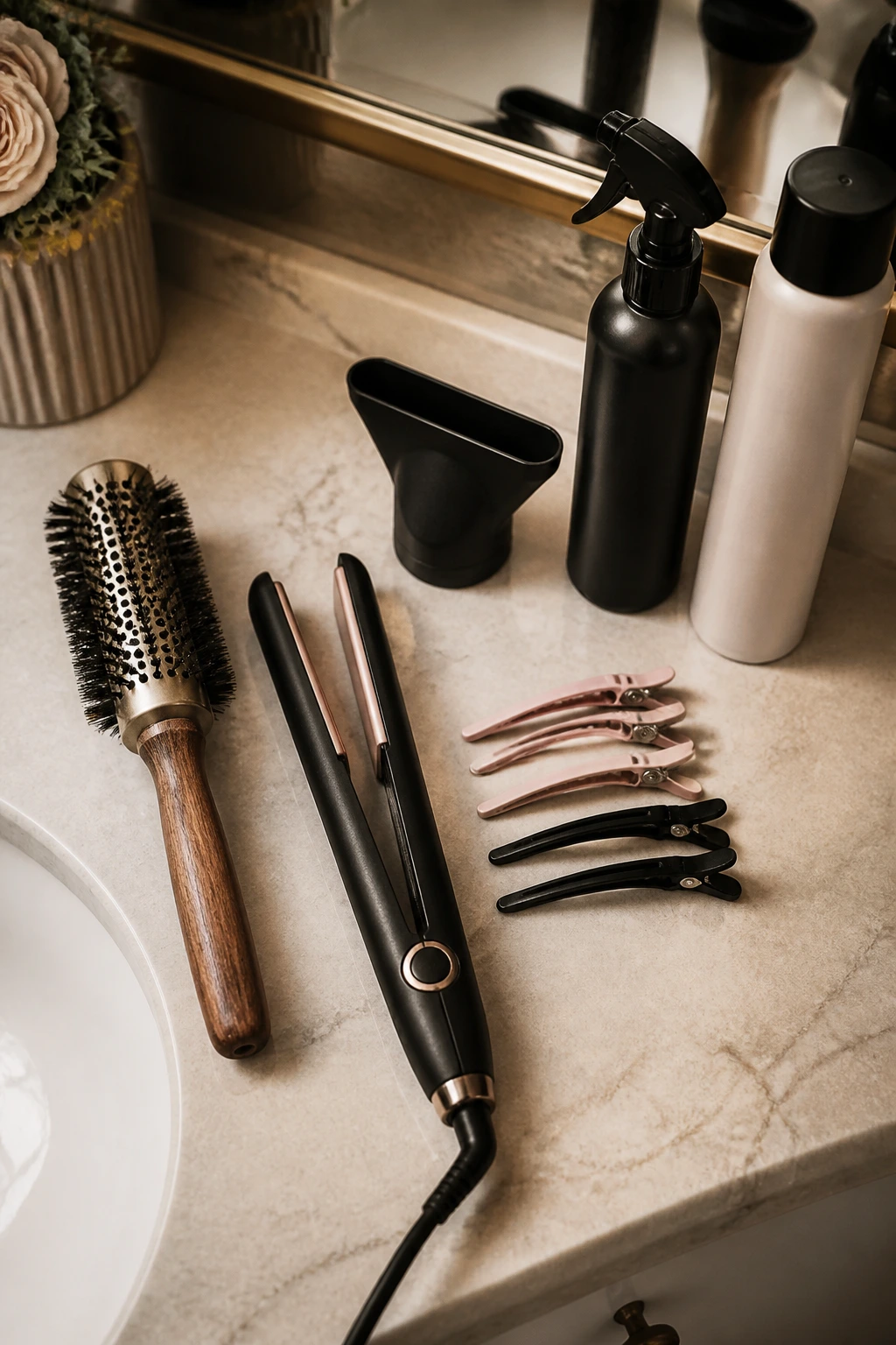 Still life of essential bangs styling tools on a vanity