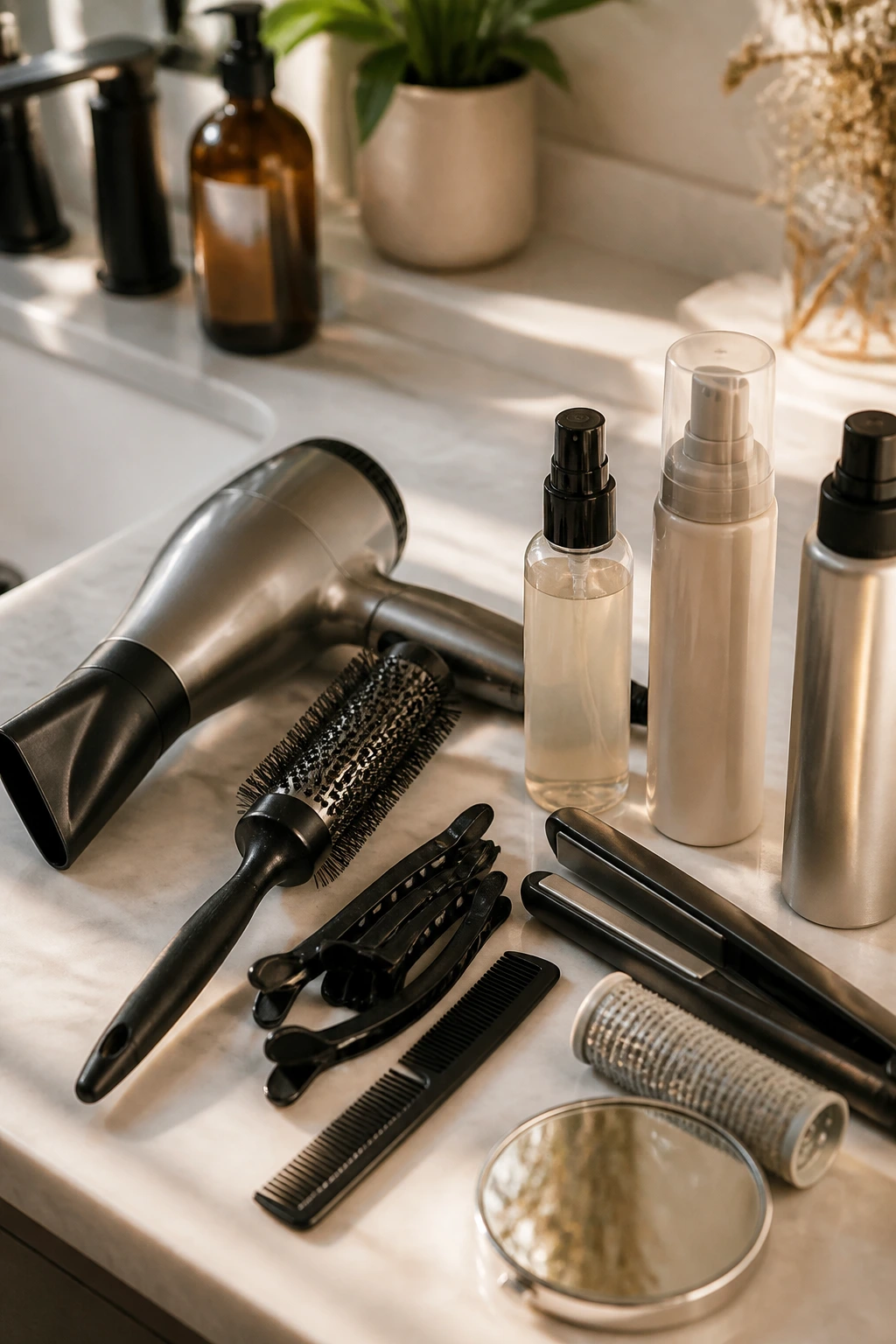 Close-up of essential hair styling tools for bottleneck bangs on a bathroom counter