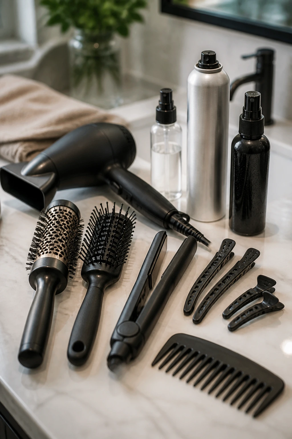Close-up of bangs tools arranged on a bathroom counter for fringe styling