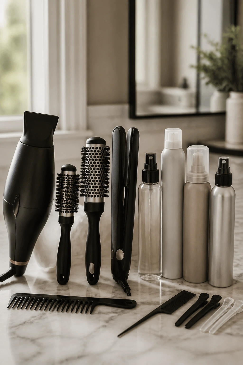 Close-up of bangs styling tools and products arranged on a bathroom counter
