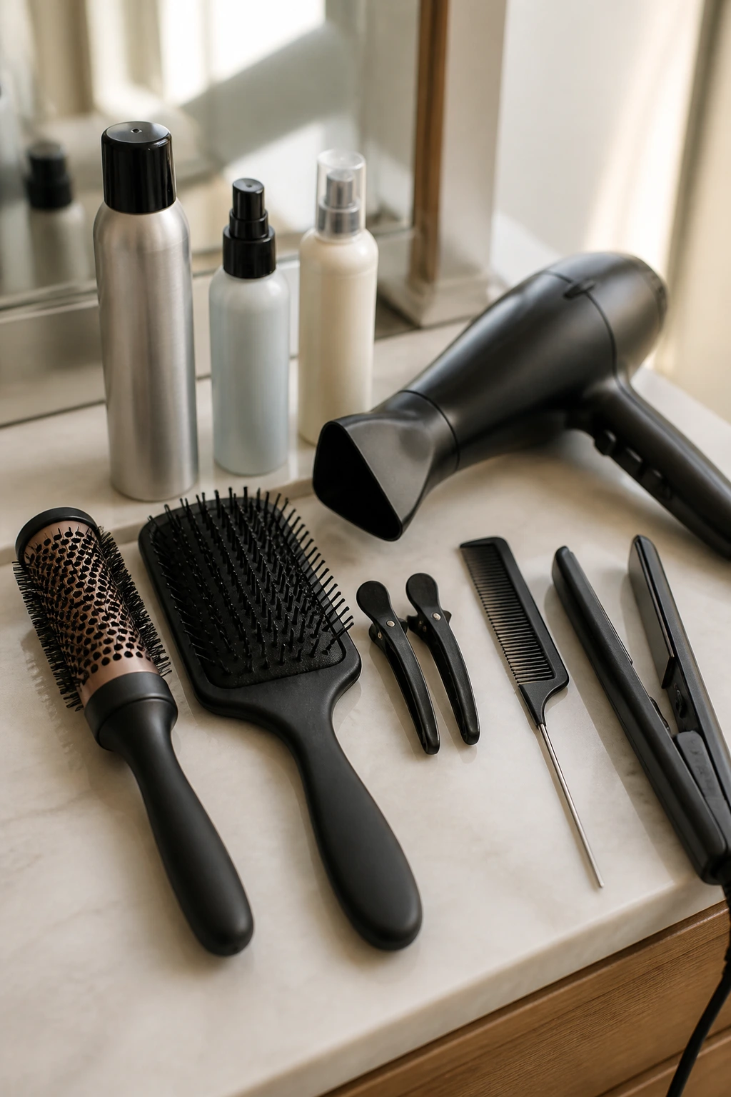 Close-up of essential bangs styling tools arranged on a vanity