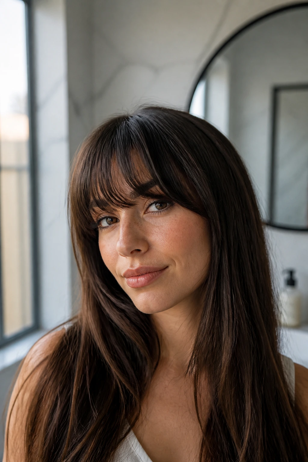 Close-up of long hair with bangs in a bathroom, illustrating trim timing and maintenance