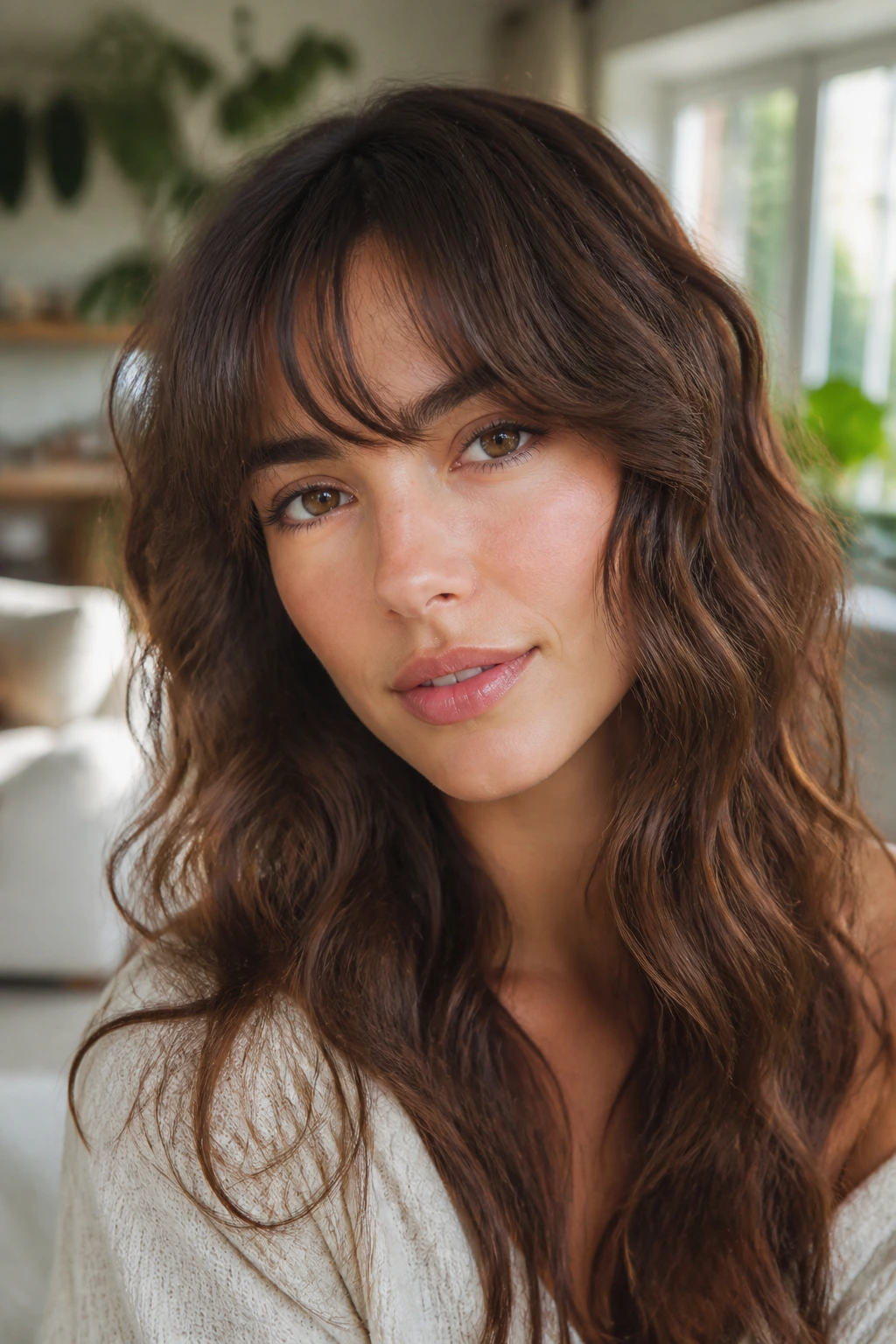 Close-up of long softly curled bangs in a bright living room setting