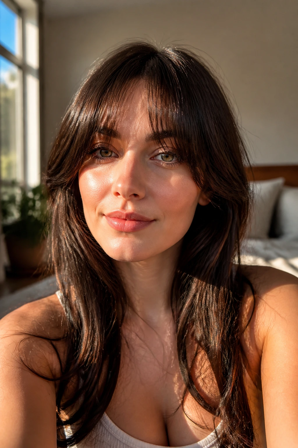 Portrait of a woman wearing a soft bottleneck bangs variation