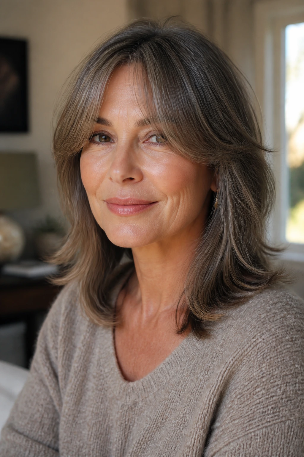 Close-up portrait of a real woman with grown-out curtain bangs in a sunny living room
