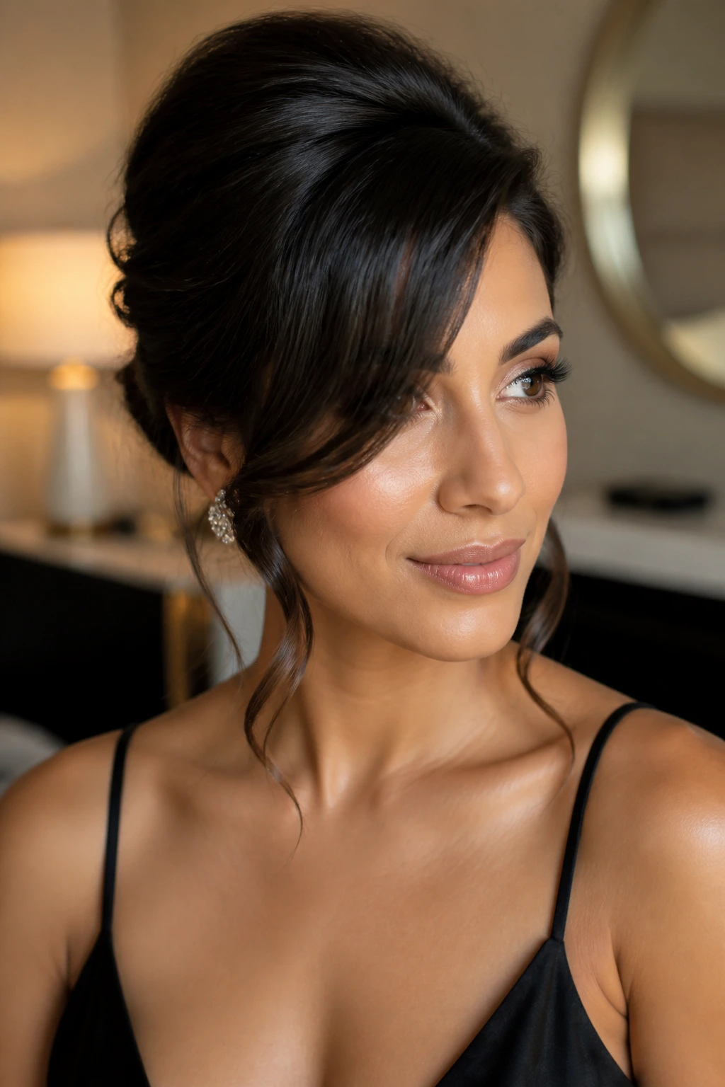 Portrait of a woman with a curled-back glamorous side bang variation