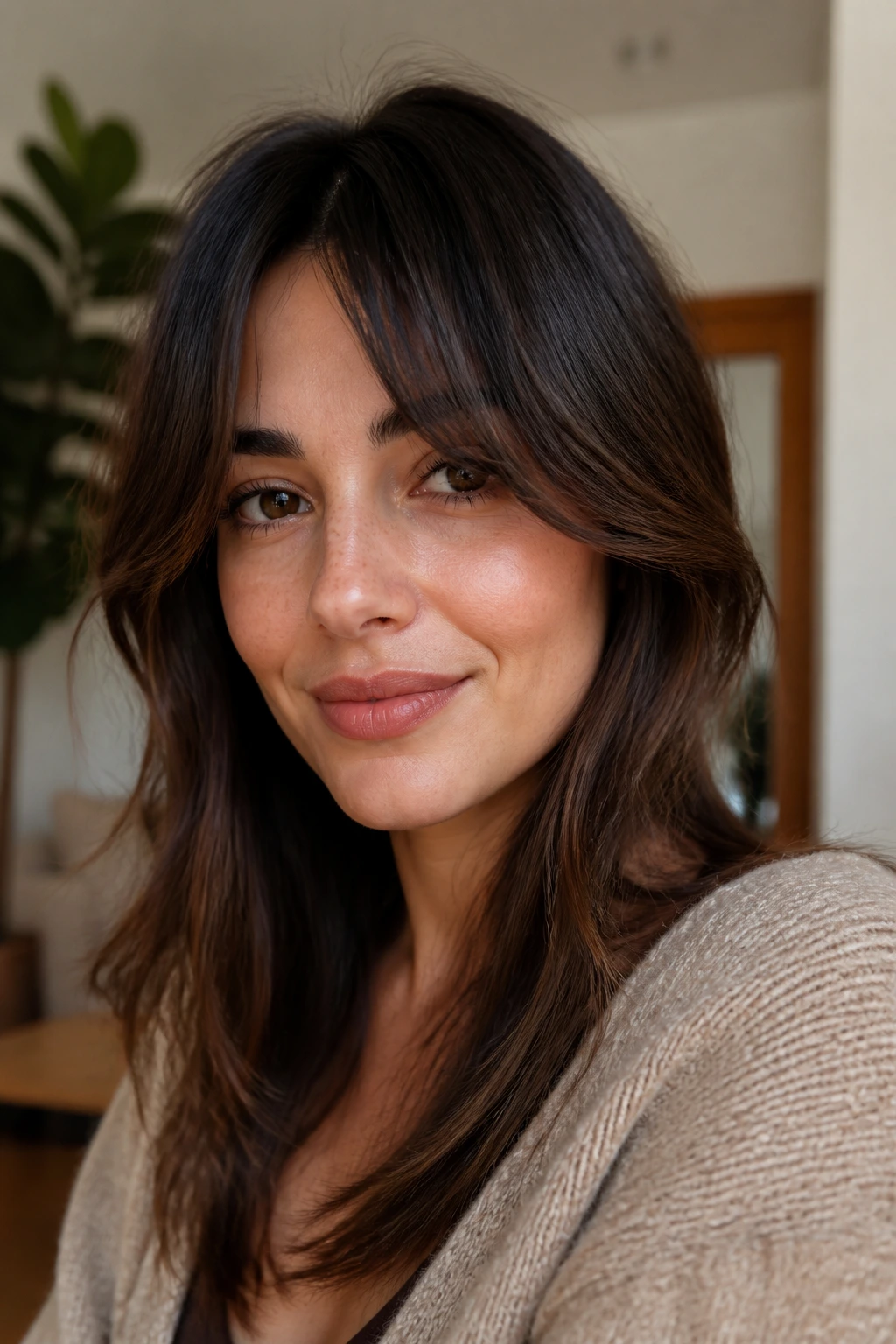 Portrait of a real woman with textured, varied bangs.