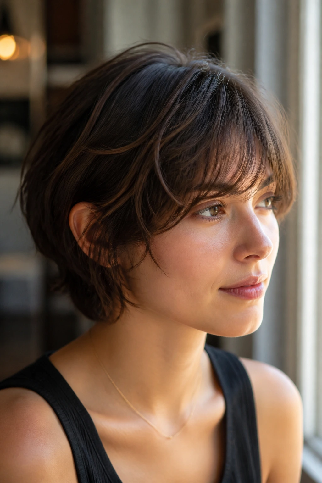 Portrait of a person displaying a variation of swoopy bangs with different styling