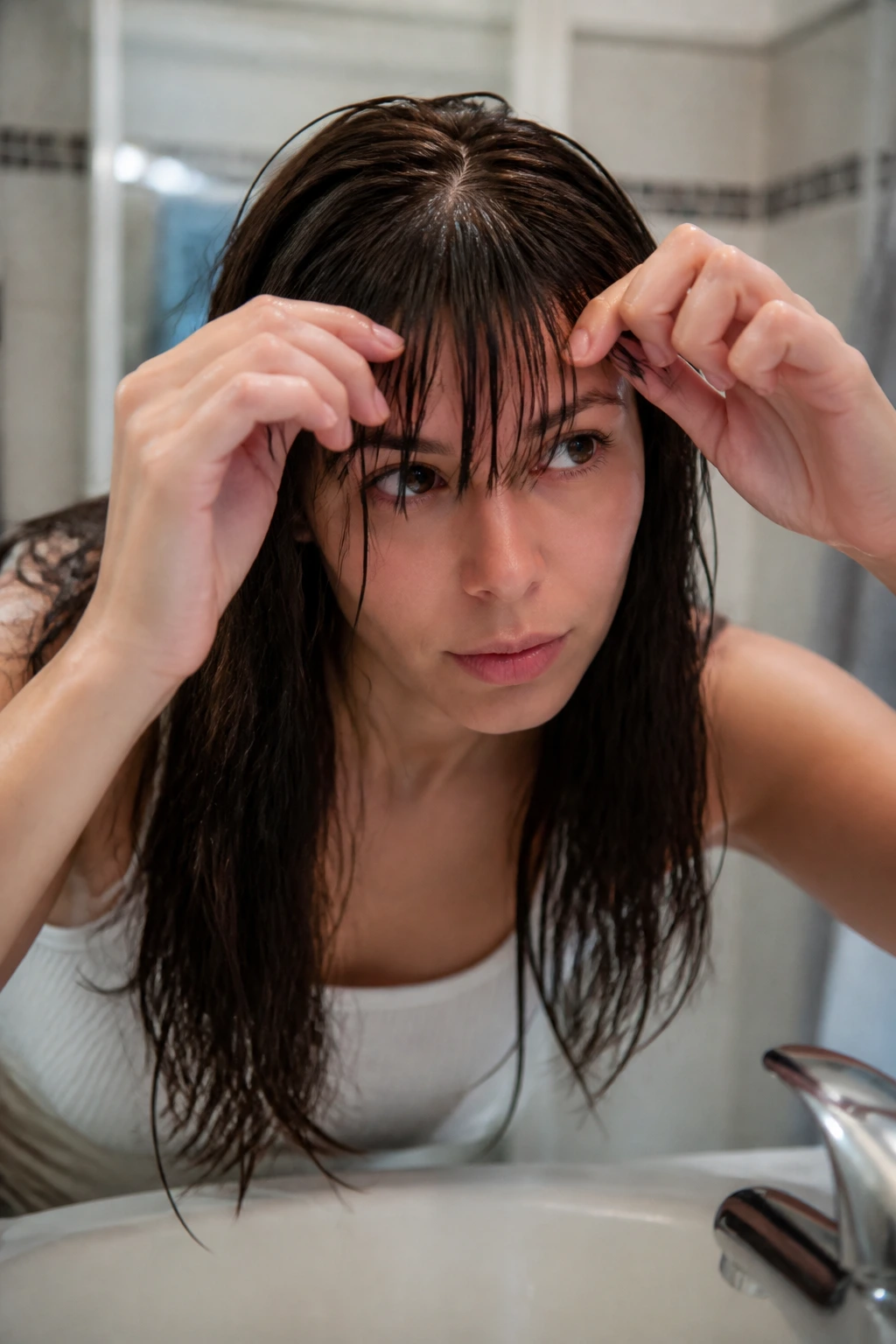 Portrait of a person with damp bangs at a bathroom sink