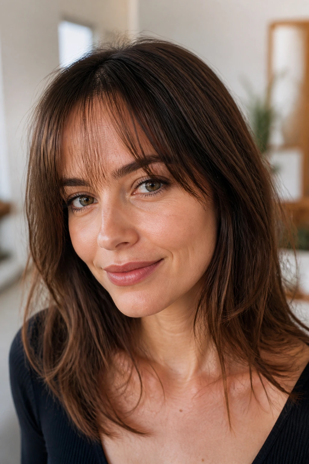 Real woman with wispy see-through bangs showing a little forehead