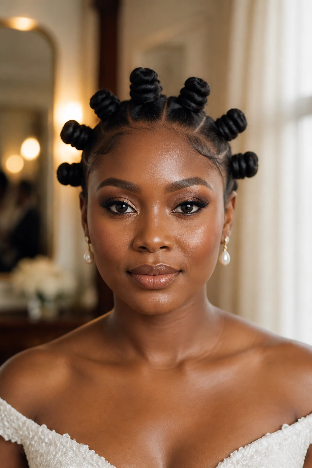 Front portrait of a real woman with a complete bantu knot set for ceremony