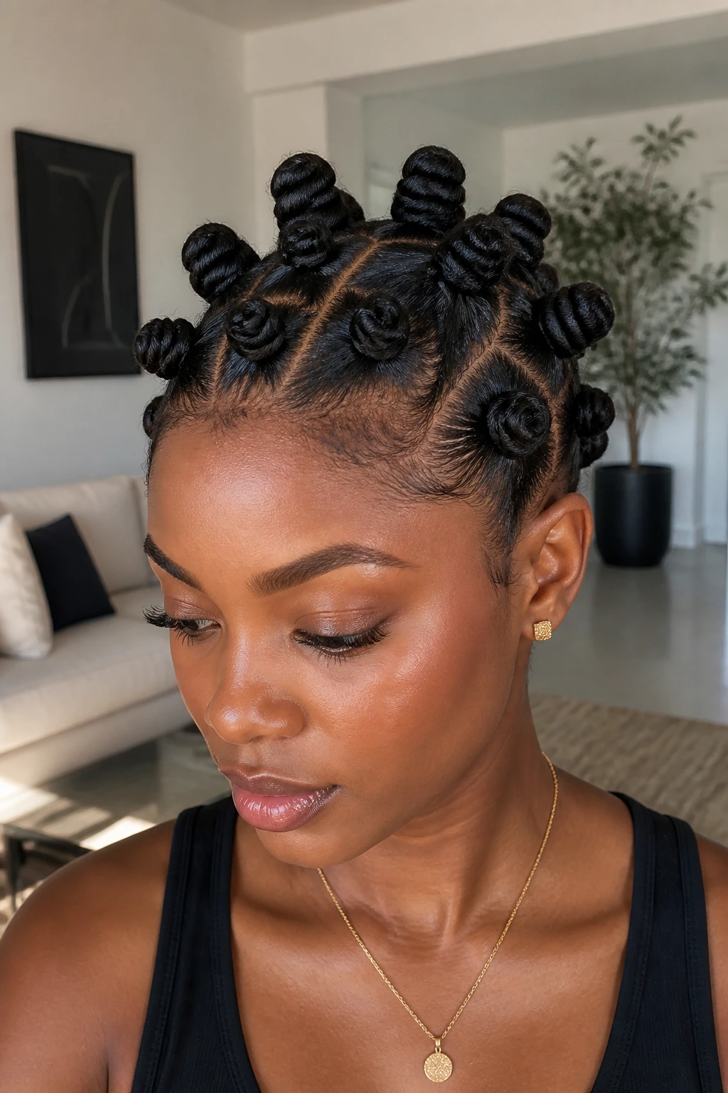 Close-up of a Black woman with a Bantu knot crown on top.