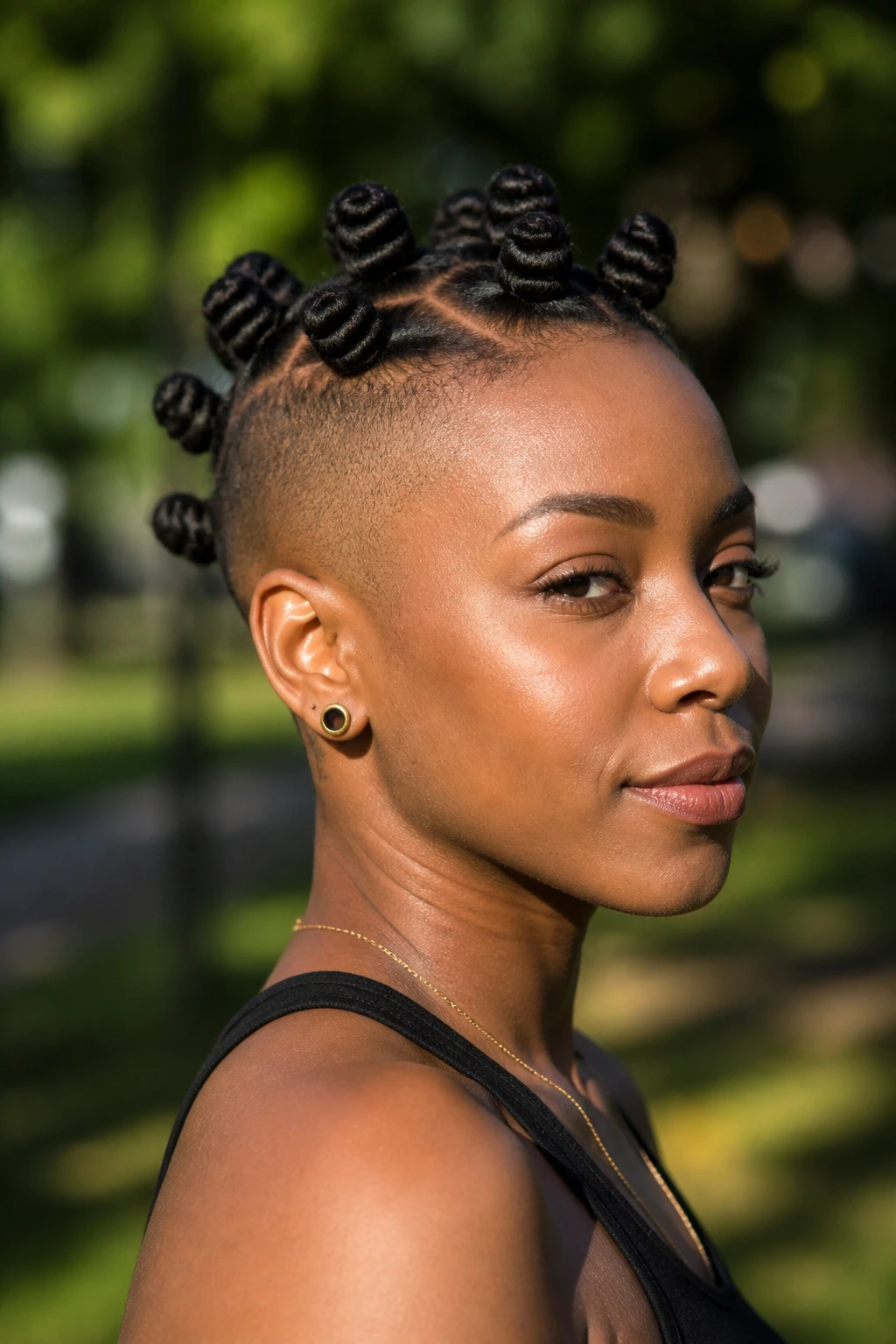 Bantu knot crown on top with close shave sides.