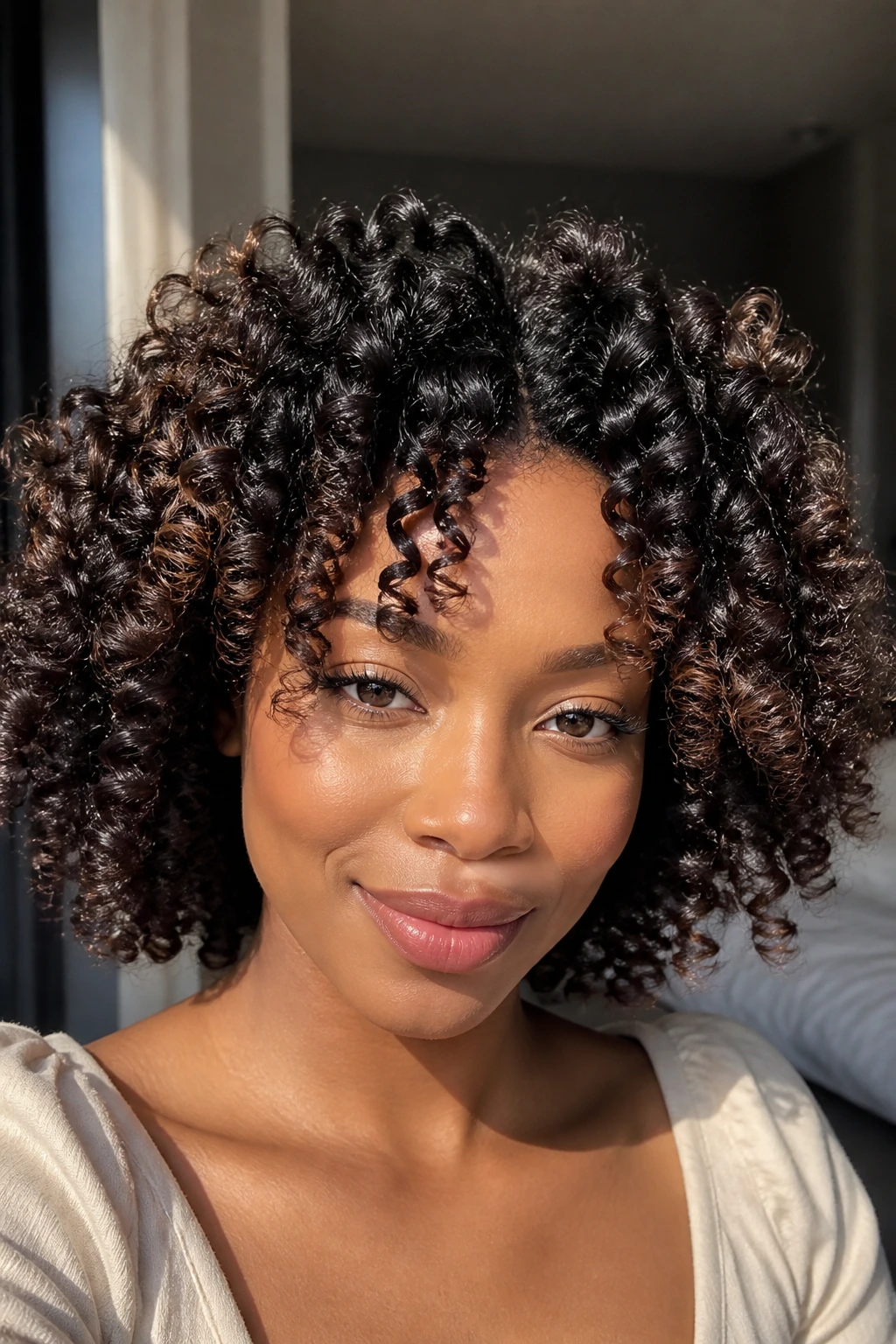 Close-up of a real woman with defined spiral Bantu Knot-Out curls filling the frame